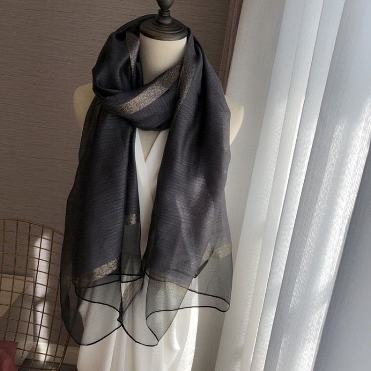 Жіночий шарф шифоновий шовк чорний прозорий, 200*70 см - 6