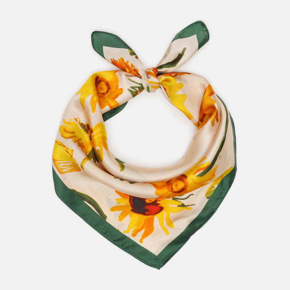 Жіноча хустка шовкова кремова з соняшниками, 53*53 см - 2