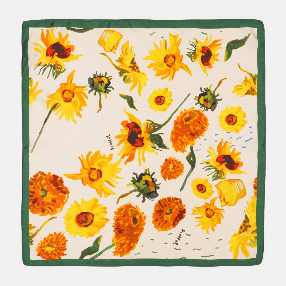 Жіноча хустка шовкова кремова з соняшниками, 53*53 см
