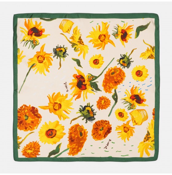 Жіноча хустка шовкова кремова з соняшниками, 53*53 см