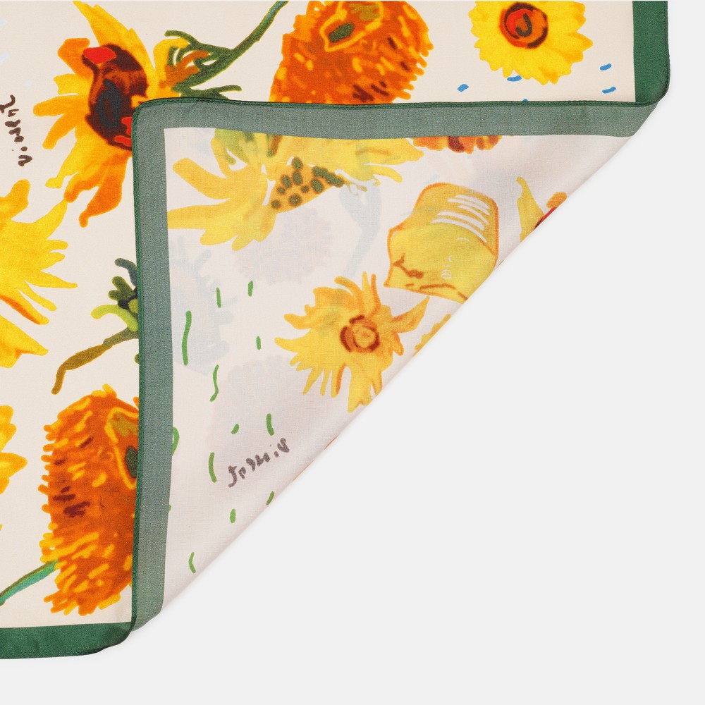 Жіноча хустка шовкова кремова з соняшниками, 53*53 см - 6