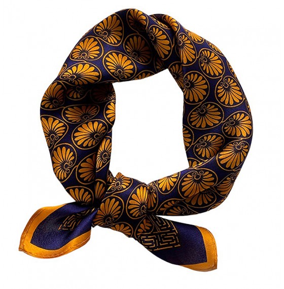 Шейный платок шелковый индиго с золотым узором, 53*53 см