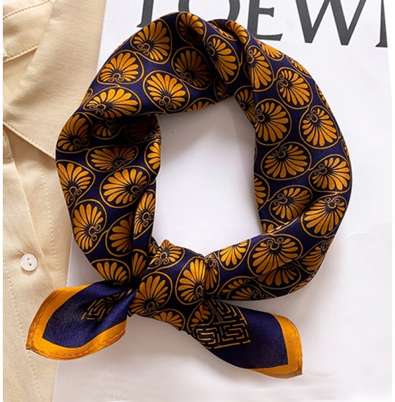 Шейный платок шелковый индиго с золотым узором, 53*53 см