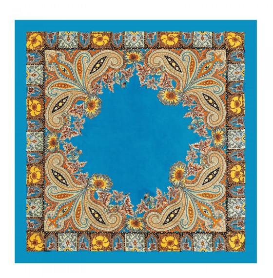 Атласный платок темно-голубой в народном стиле, 90*90