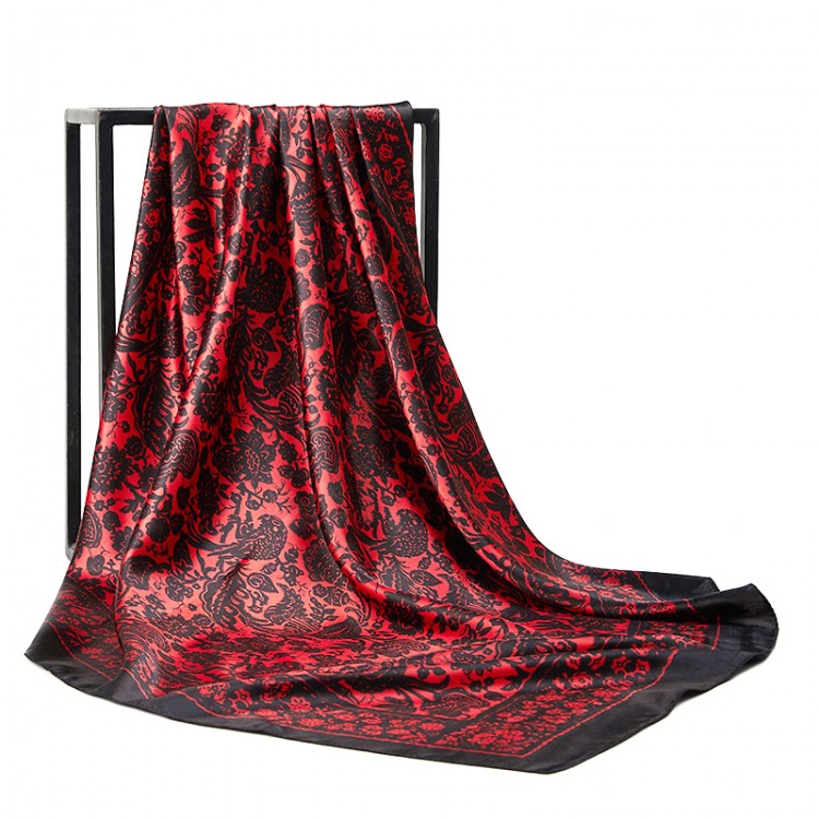 Атласный платок красный с черным сказочным узором, 90*90 - 3