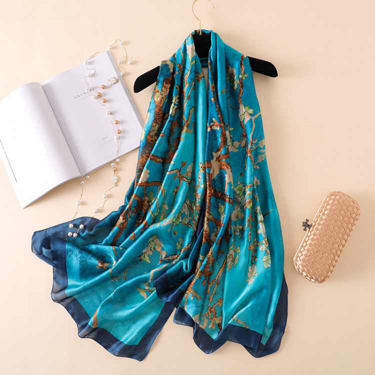 Жіночий шарф шовковий елегантний бірюзовий з квітами 180*90 см - 3