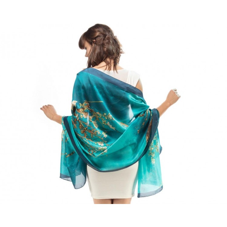 Жіночий шарф шовковий елегантний бірюзовий з квітами 180*90 см - 8