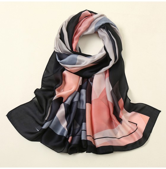 Женский шелковый шарф серо-черный с розовым перламутр