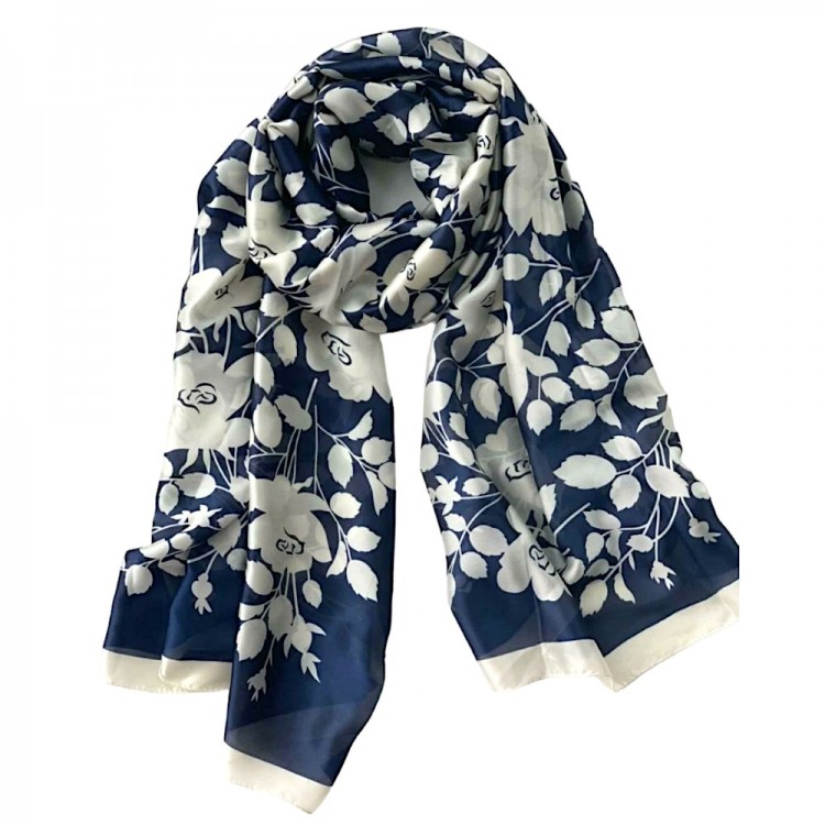 Жіночий шарф шовковий синій з білими трояндами шипшини - 3