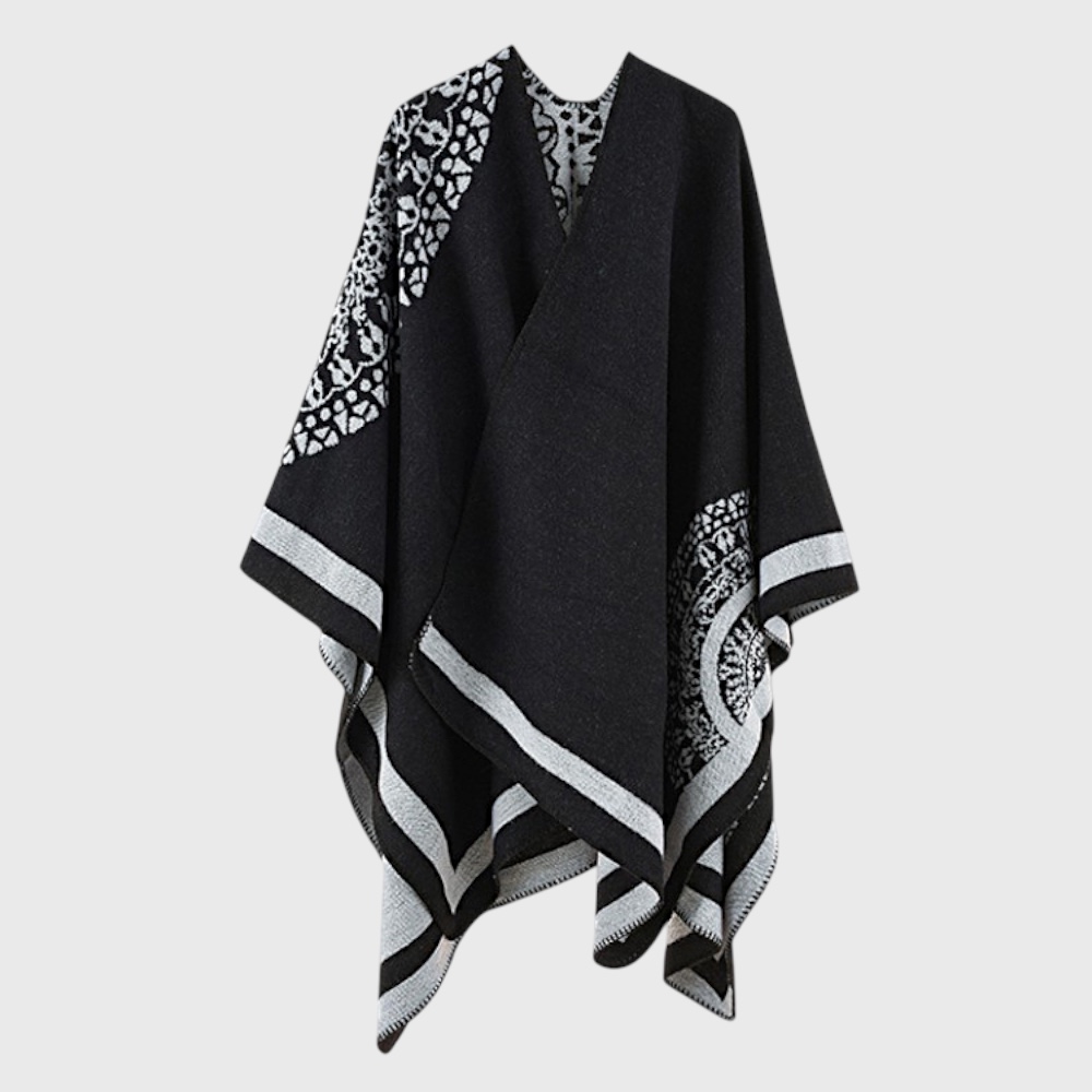 Женское пончо черно-белое двустороннее с цветком, 160*134 - 4