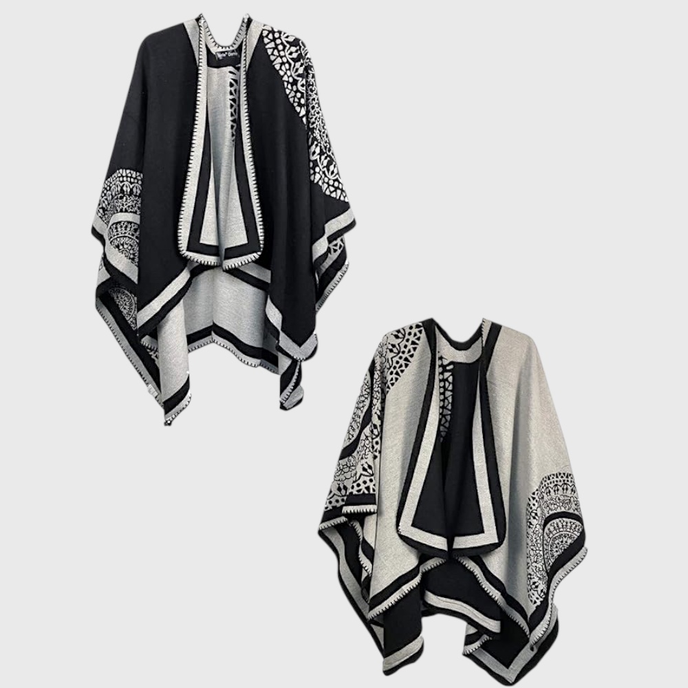 Женское пончо черно-белое двустороннее с цветком, 160*134 - 2