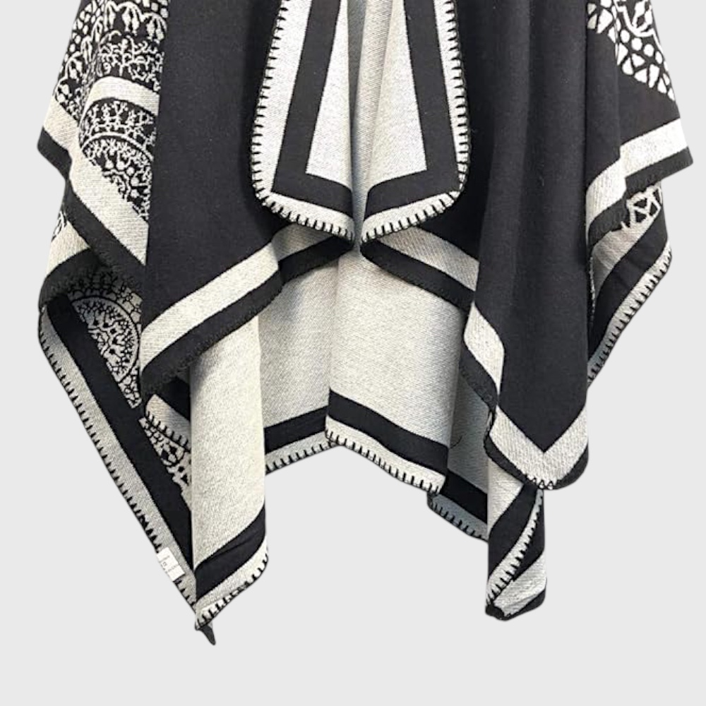 Женское пончо черно-белое двустороннее с цветком, 160*134 - 3
