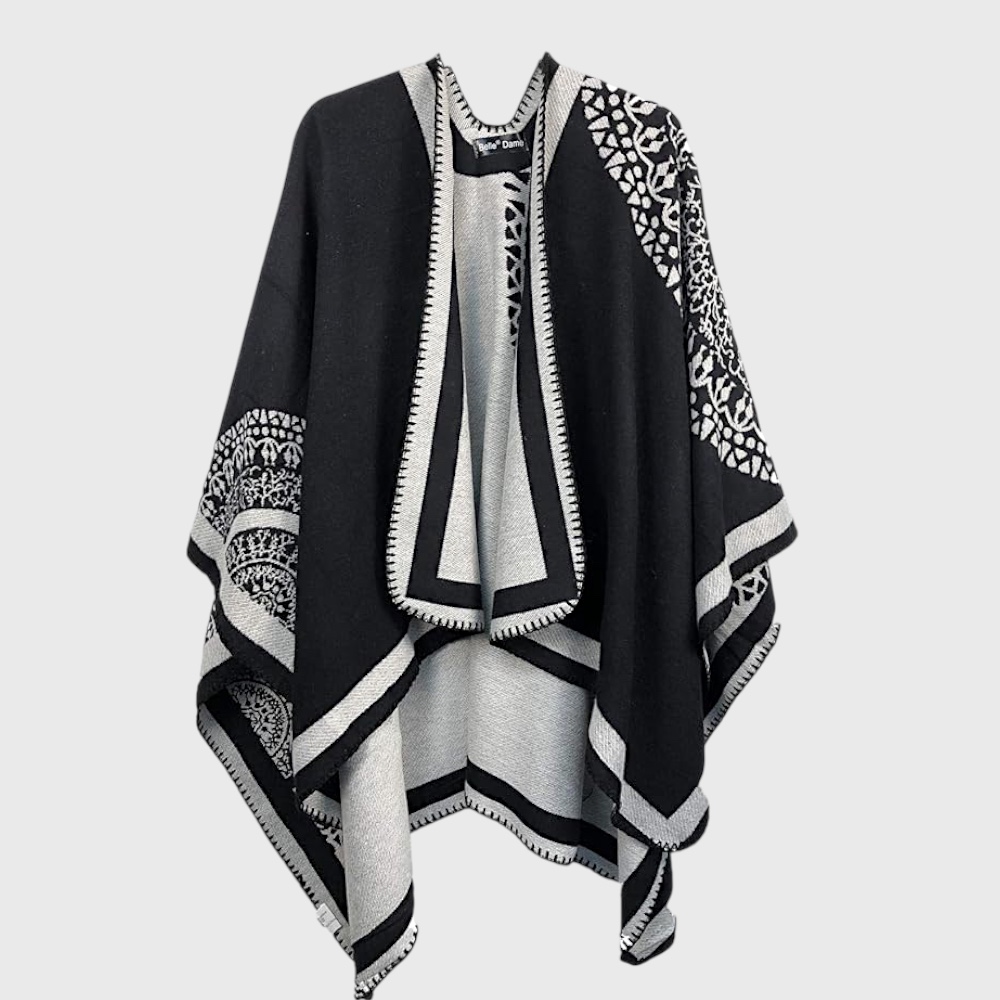 Женское пончо черно-белое двустороннее с цветком, 160*134