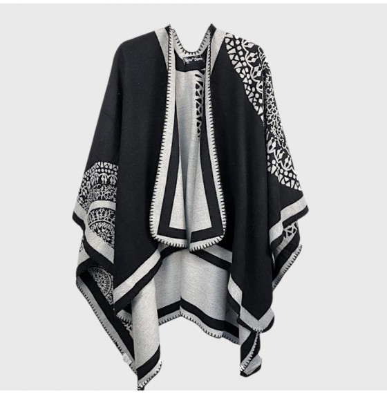 Жіноче пончо чорно-біле двостороннє з квіткою, 160*134