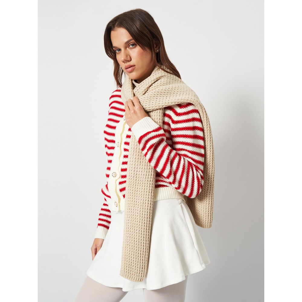 В'язаний шарф жіночий вовняний світло-бежевий, 185х40 см - 3