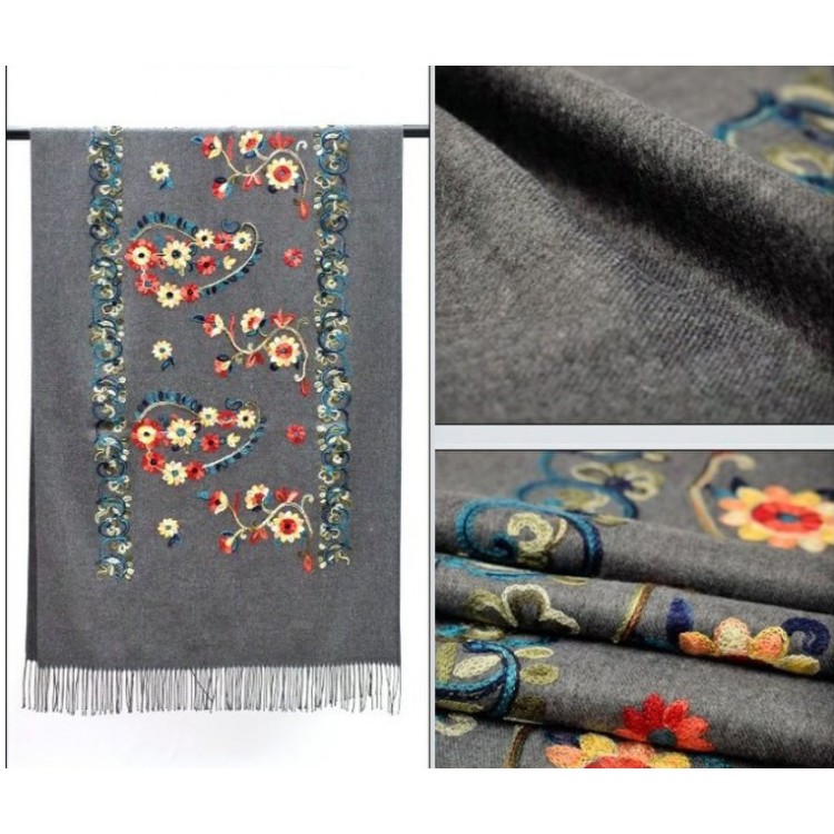 Жіночий шарф антрацитовий кашемір із вишивкою, 195*70 см - 9
