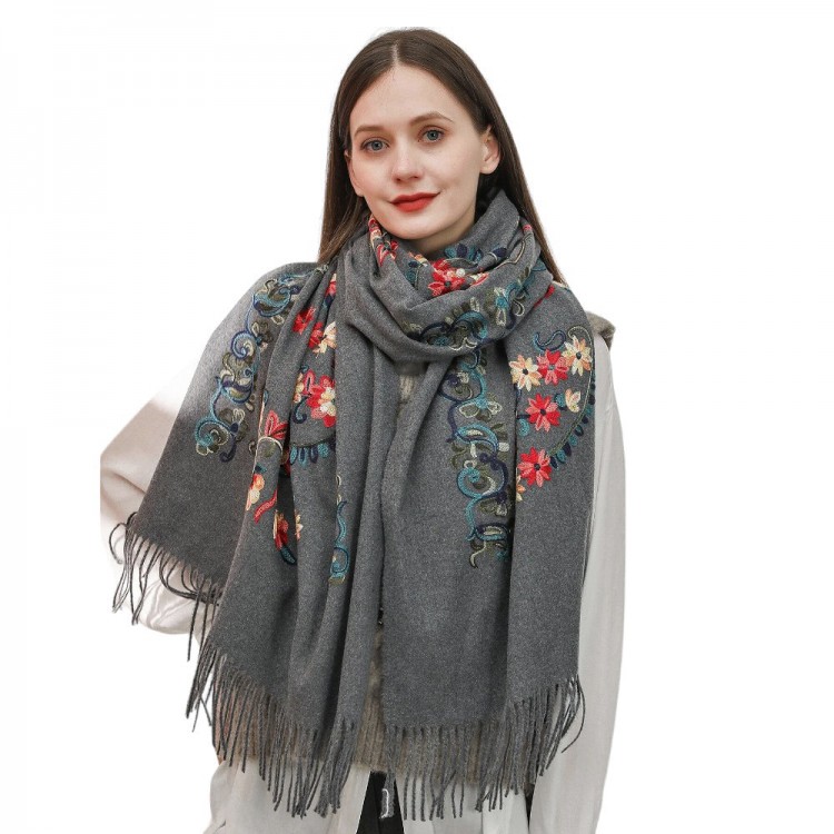 Жіночий шарф антрацитовий кашемір із вишивкою, 195*70 см - 2
