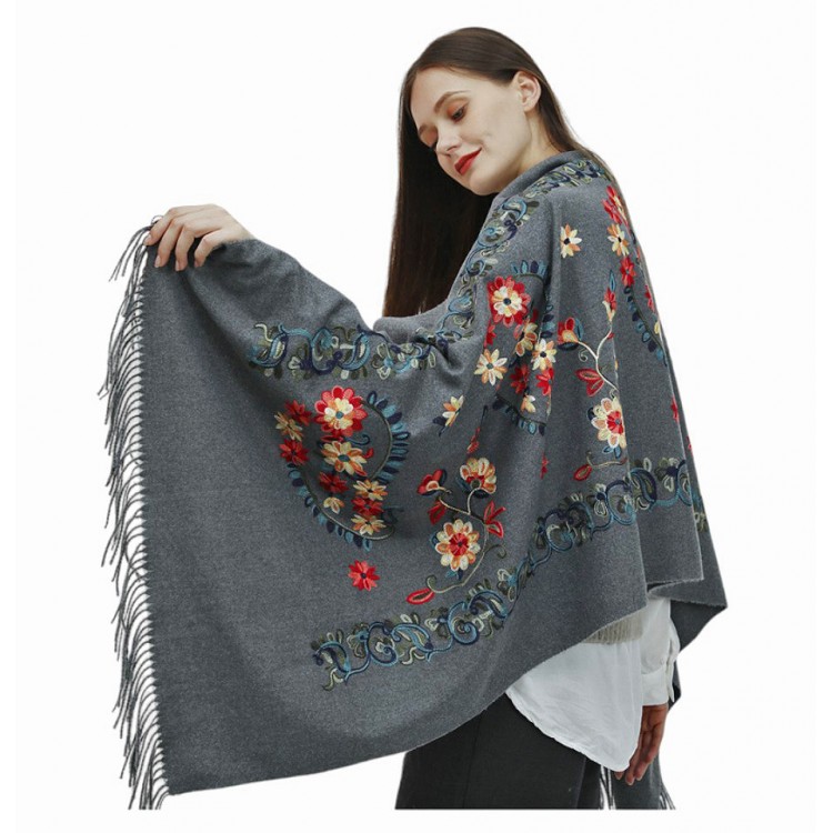 Жіночий шарф антрацитовий кашемір із вишивкою, 195*70 см - 8