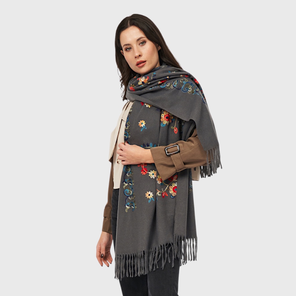 Женский шарф кашемировый антрацитовый с вышивкой 195х70 см
