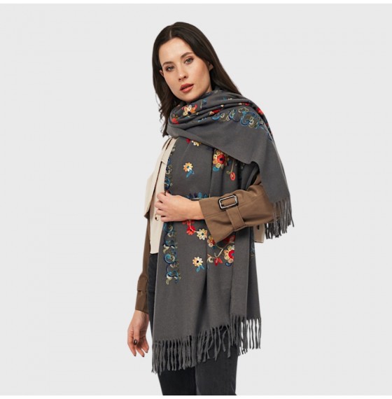 Женский шарф кашемировый антрацитовый с вышивкой 195х70 см
