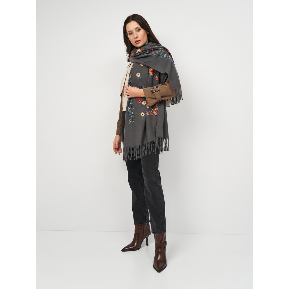 Женский шарф кашемировый антрацитовый с вышивкой 195х70 см - 5