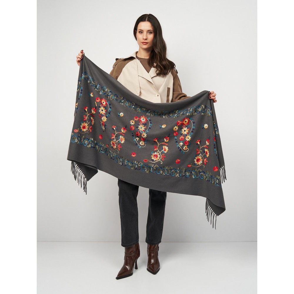 Женский шарф кашемировый антрацитовый с вышивкой 195х70 см - 4