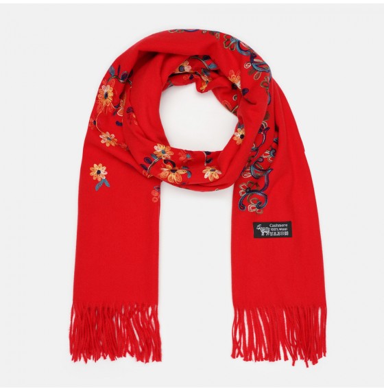 Женский шарф-палантин кашемировый красный вышитый Женский шарф-палантин кашемировый красный вышитый