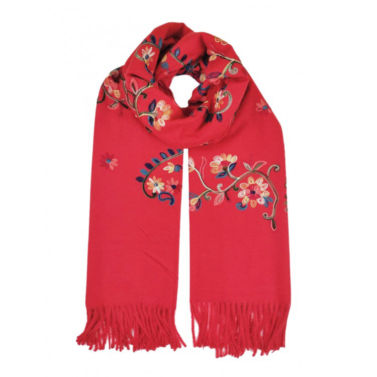 Жіночий шарф-палантин кашеміровий червоний вишитий  - 2