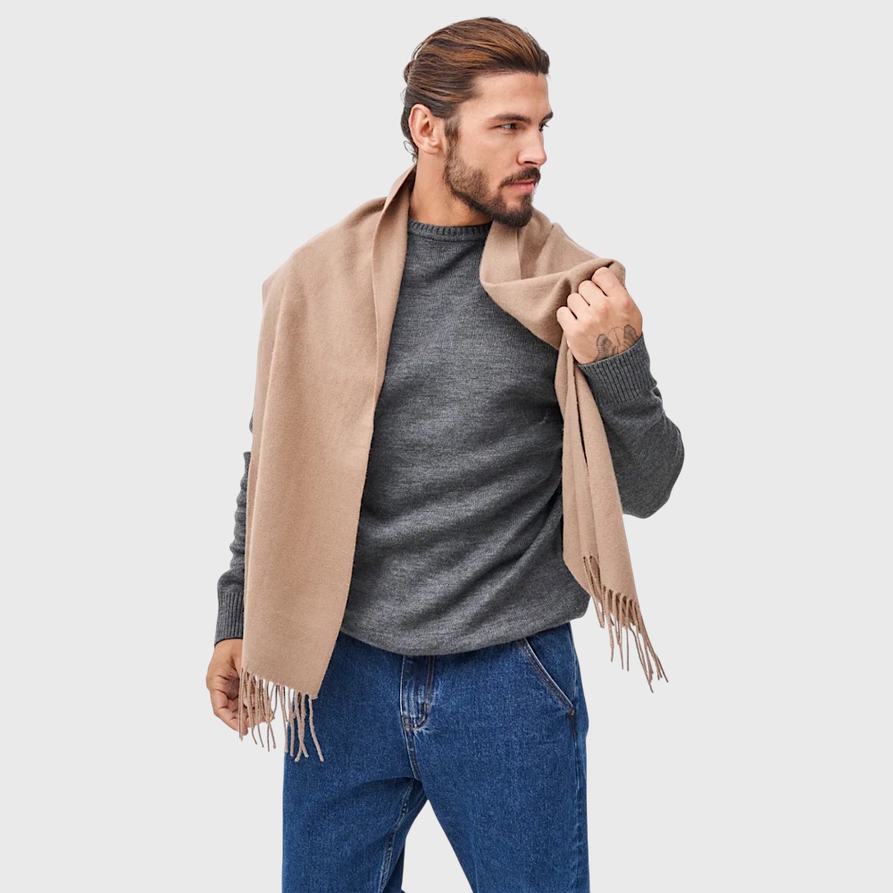 Мужской шарф шерстяной бежевый camel, 180*33 см  - 5