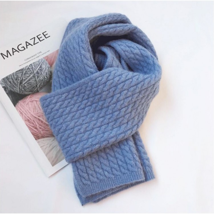 В'язаний шарф вовняний блакитний з візерунком, 160*25 см - 2