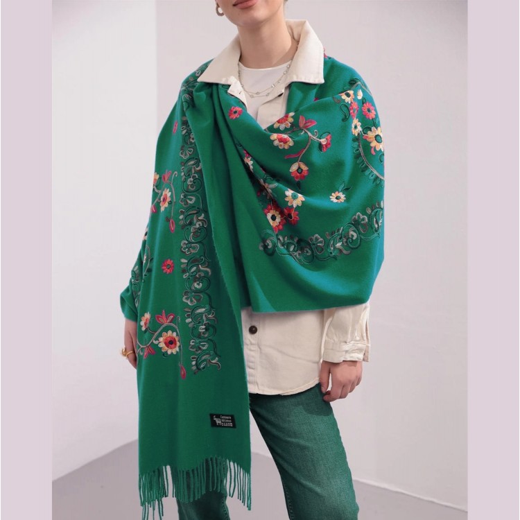 Жіночий шарф-палантин кашеміровий зелений вишитий, 195*70 см - 2