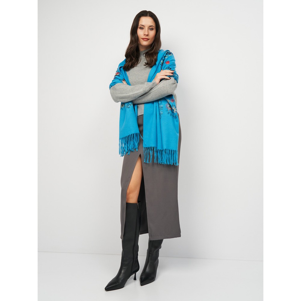 Шарф палантин кашеміровий блакитний вишитий, 195*70 см - 4