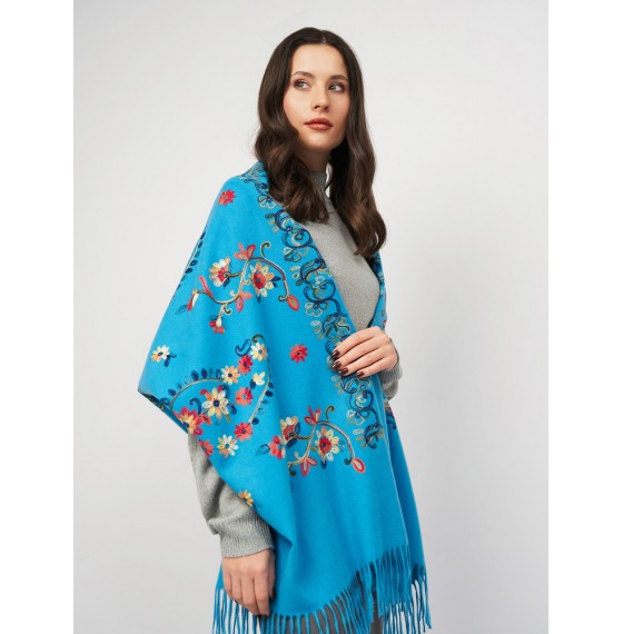 Шарф палантин кашемировый голубой вышитый, 195*70 см Шарф палантин кашемировый голубой вышитый, 195*70 см