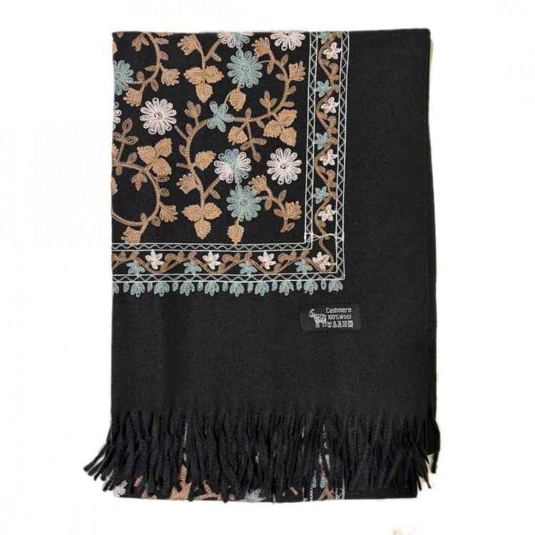 Жіночий шарф чорний розшитий візерунок з квітів, 180*70 см - 3