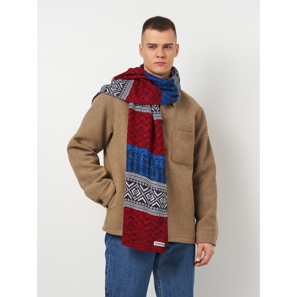 Шарф вязаный скандинавский бордово-синий, 180*35 - 5