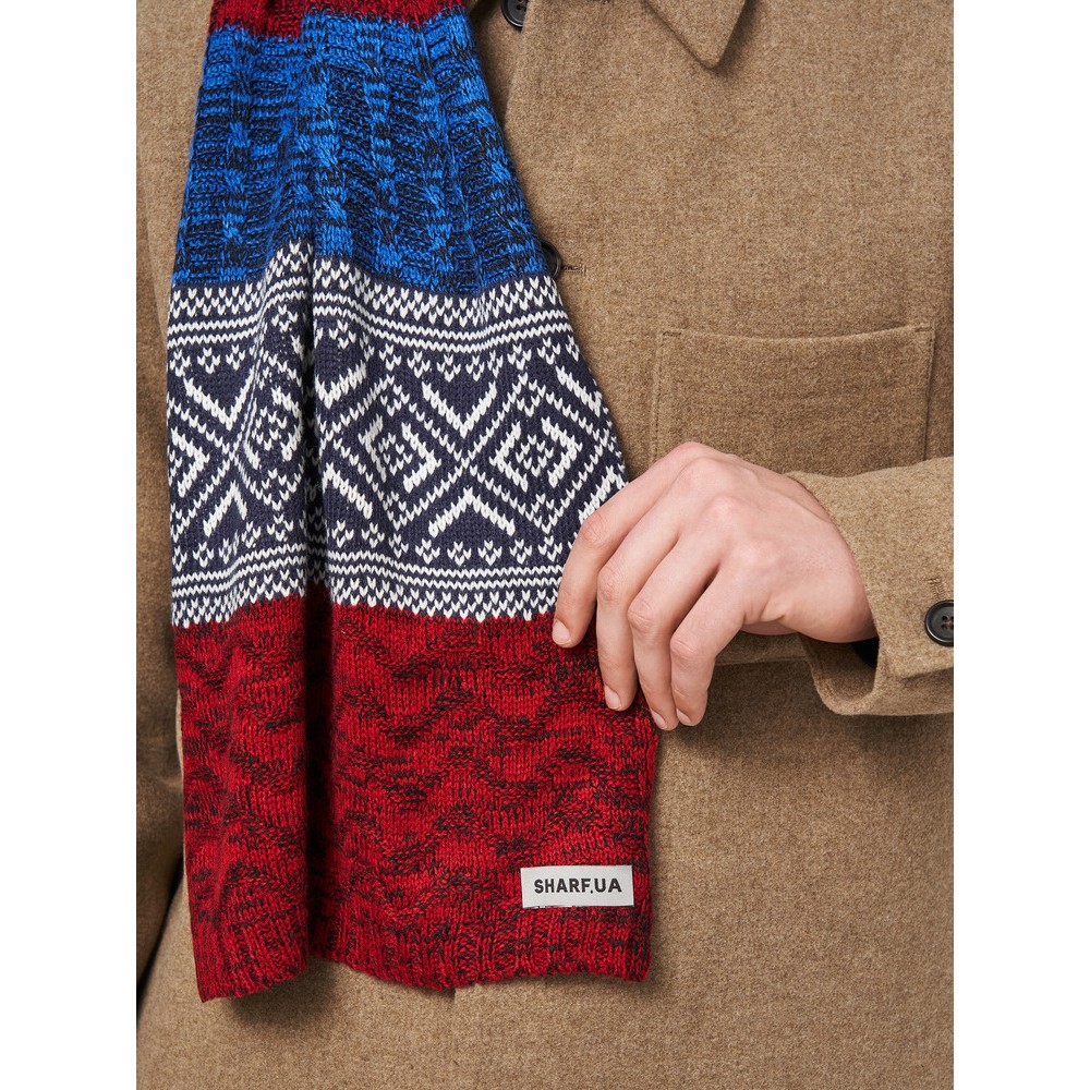 Шарф вязаный скандинавский бордово-синий, 180*35 - 3