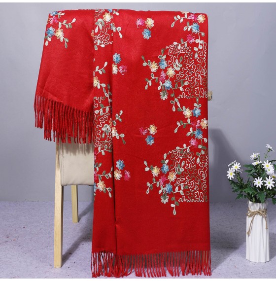 Женский шарф бордовый с французской вышивкой, 185*70 см