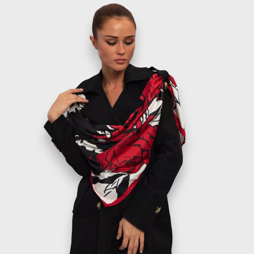 Шовкова хустка чорно-червона з трояндою, 90*90 см - 4