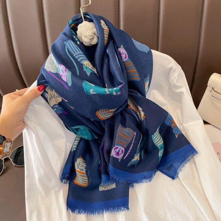 Жіночий шарф-палантин синій із котами, 180*85 - 3
