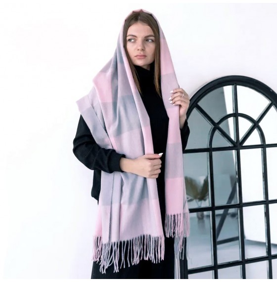 Кашеміровий шарф жіночий рожевий з сірим в клітинку
