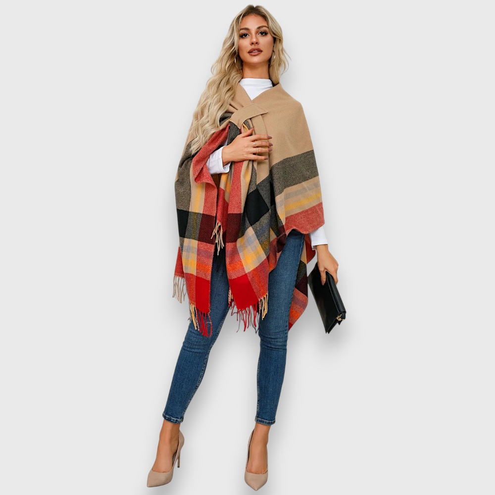 Накидка жіноча тепла імбирно-жовта з бахромою, 150*130 см - 4