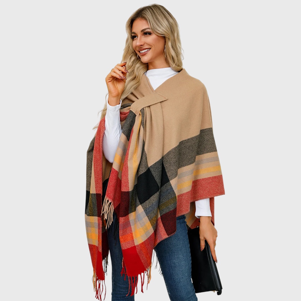 Накидка жіноча тепла імбирно-жовта з бахромою, 150*130 см - 3