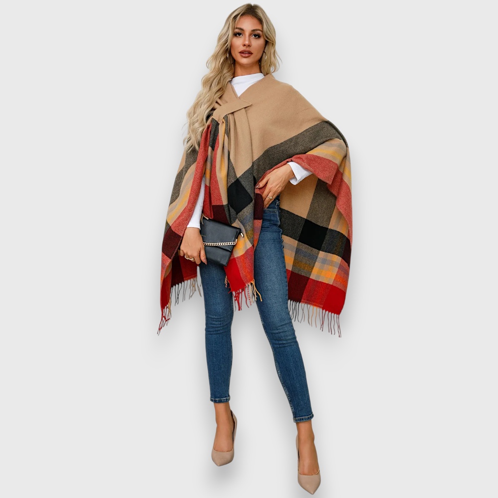 Накидка жіноча тепла імбирно-жовта з бахромою, 150*130 см - 2