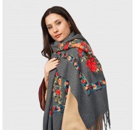 Женский шарф серый с вышивкой «Букет цветов», 190*70 см