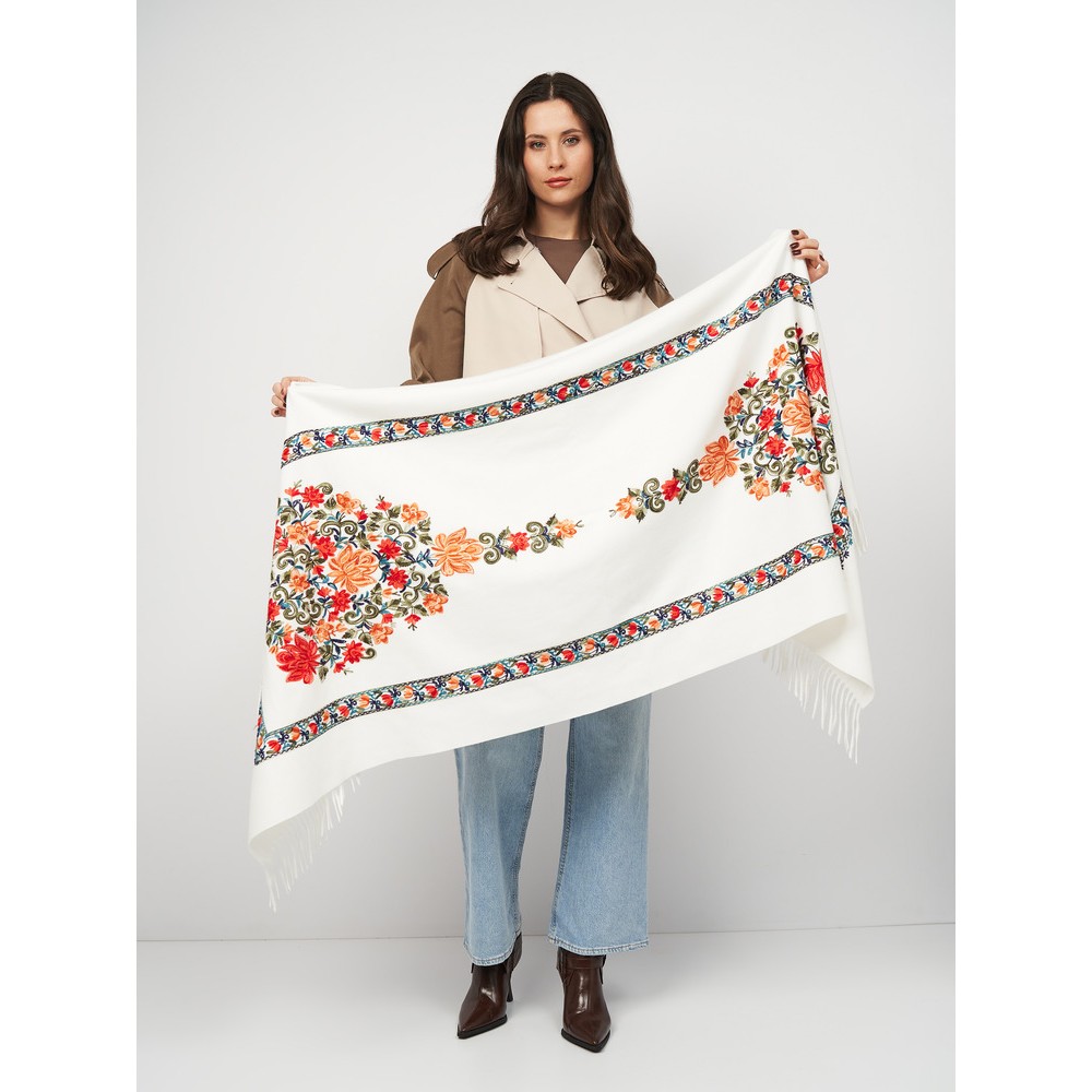 Жіночий шарф білий з вишивкою "Букет квітів" 190х70 см - 3