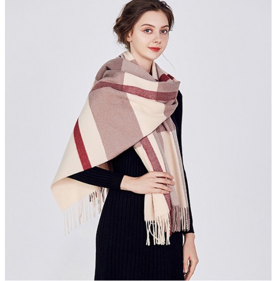 Вовняний шарф жіночий розкішний бежевий з бордовим 200*65 см