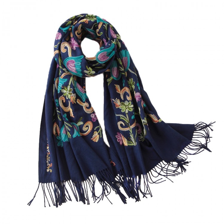 Кашеміровий шарф вишитий синій у шовкові квіти - 2