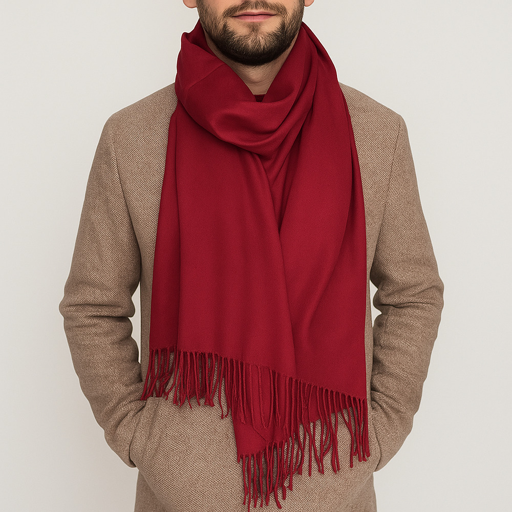 Мужской кашемировый шарф бордовый однотонный, 180*70 см