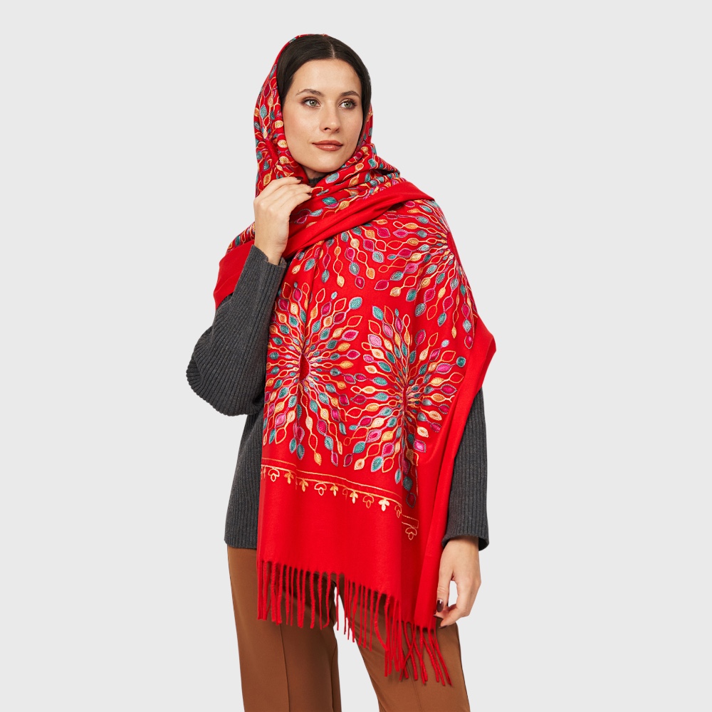 Кашеміровий шарф вишитий червоний ексклюзив з Непалу