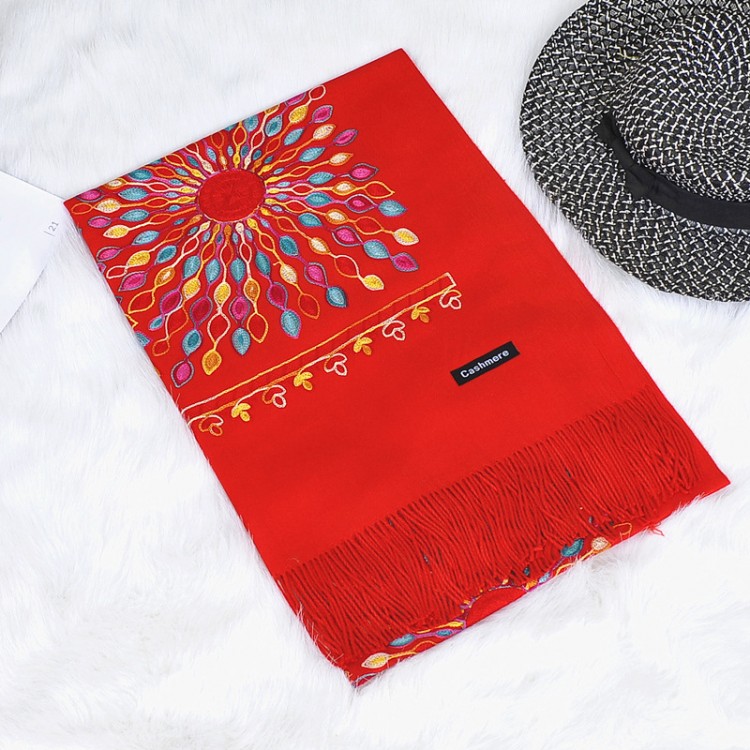 Кашеміровий шарф вишитий червоний ексклюзив з Непалу - 4